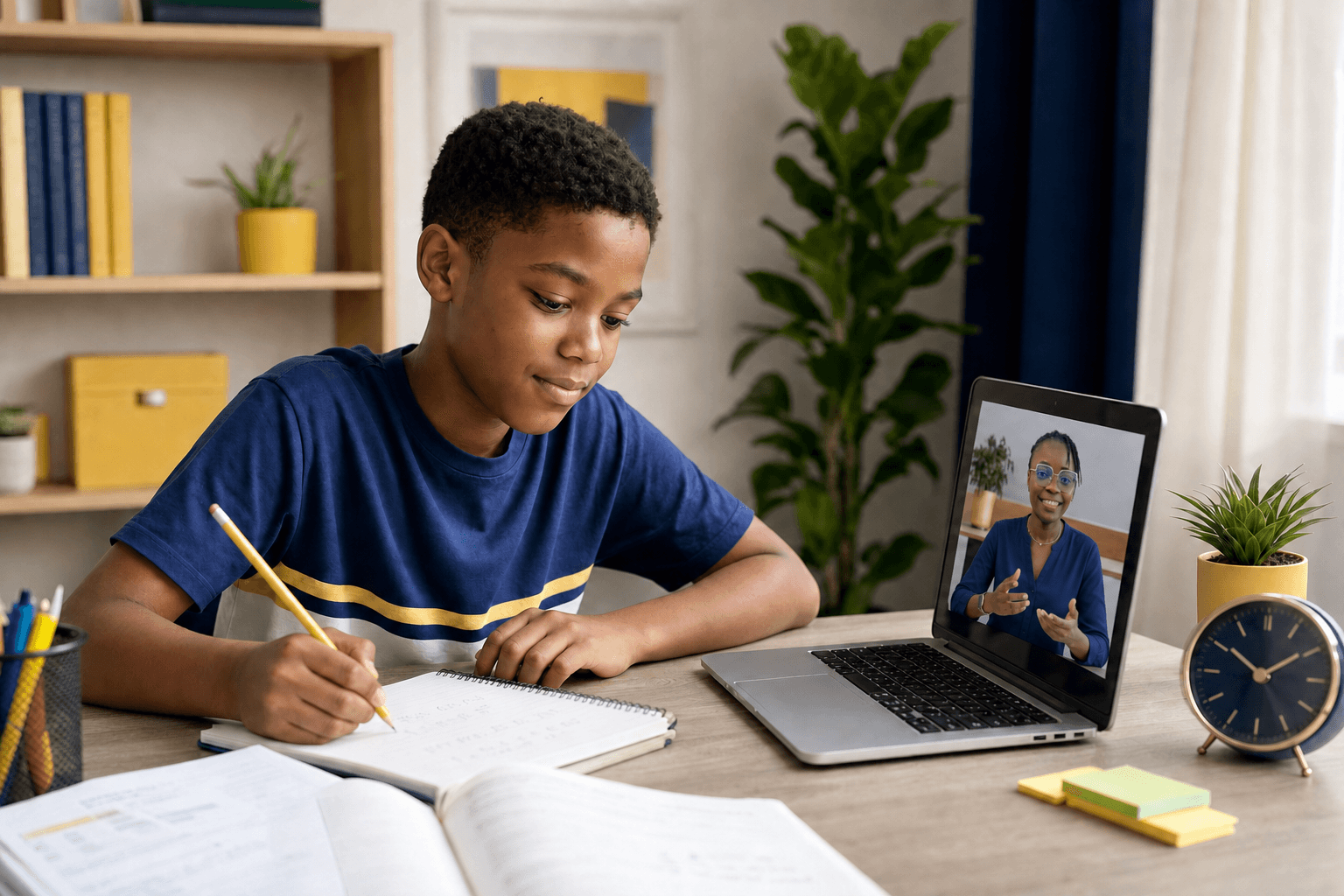 An older child preparing confidently for an assessment in an online lesson