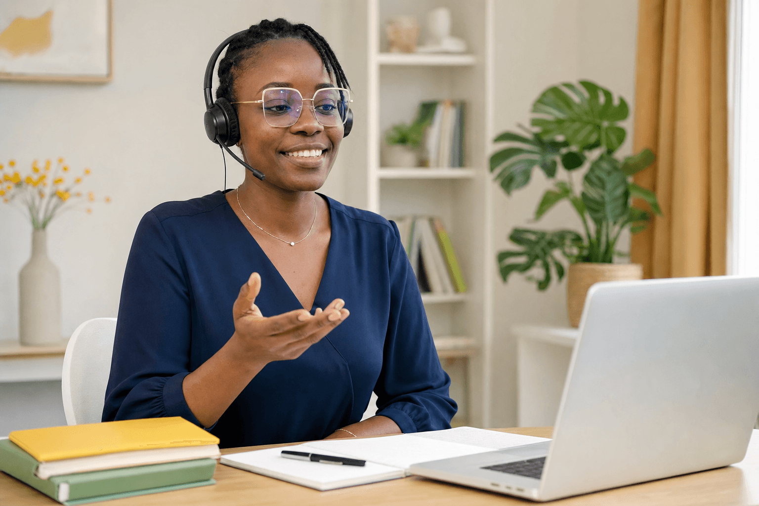 Ada teaching an online lesson from her home workspace